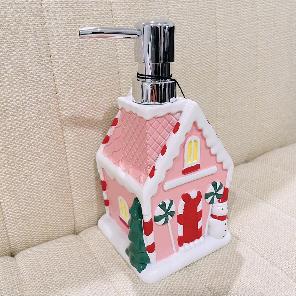 NEW Pink Gingerbread House Soap Dispenser Christmas Snowman Peppermint Decor - Picture 3 of 4